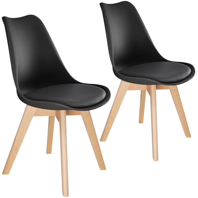Two modern dining chairs with sleek black plastic seats and natural wood legs, featuring a curved design for comfort and style.