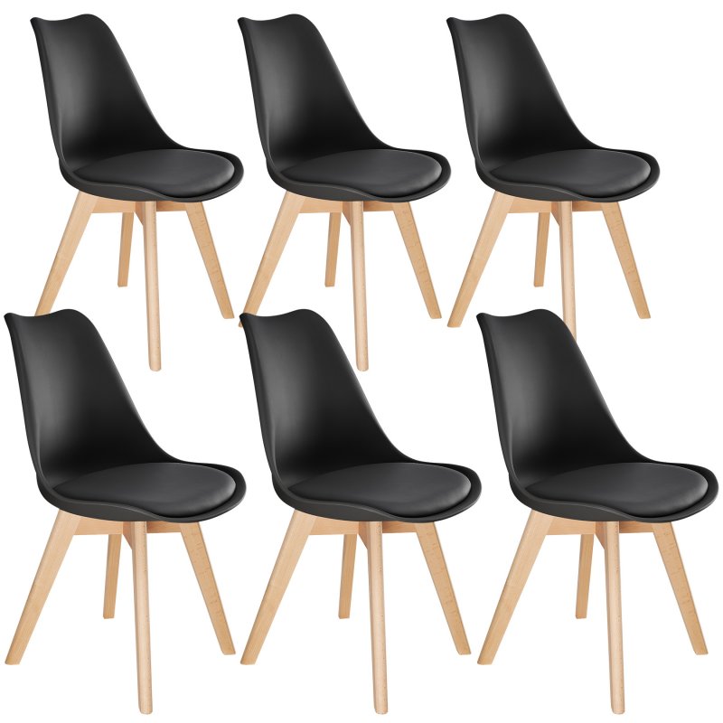 Set of six black dining chairs with a sleek, curved plastic seat and natural wooden legs, offering a modern and minimalist design.