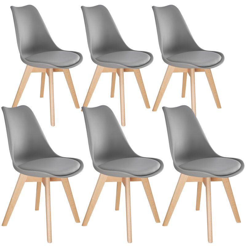 Set of six modern dining chairs featuring a sleek grey plastic seat and natural wood legs, designed for comfort and style.