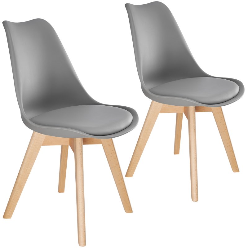 Two grey Tectake Friederike dining chairs with smooth plastic seats and natural wooden legs, featuring a modern, minimalist design.