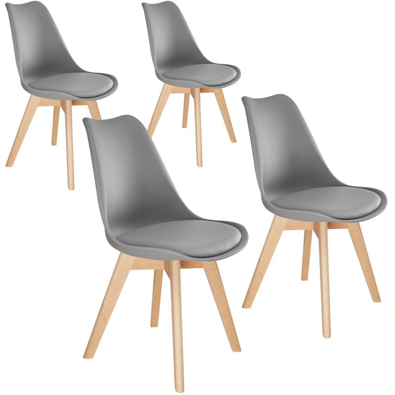 Set of four Tectake Friederike dining chairs featuring a sleek grey plastic seat and natural wood legs, combining modern design with comfort.