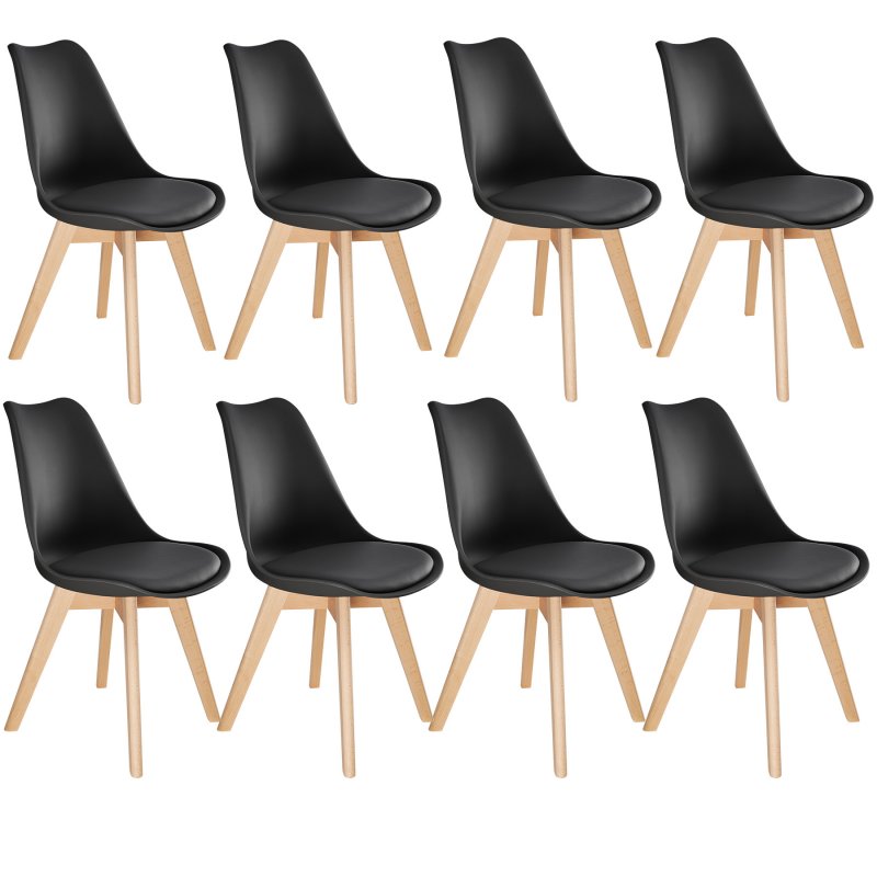 Set of 8 dining chairs featuring a sleek black plastic seat with a curved backrest, supported by natural wood legs for a modern aesthetic.