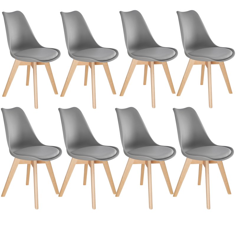 Set of eight modern dining chairs featuring a sleek grey plastic seat and natural wood legs, offering a stylish and contemporary look for any dining space.
