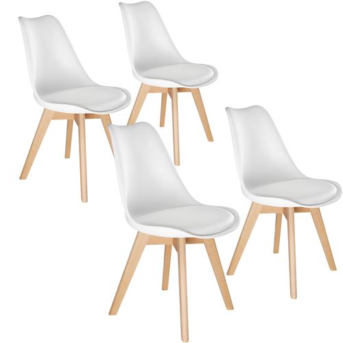Set of four modern Scandinavian dining chairs in white plastic with smooth curves and solid wood legs, featuring a minimalist design suitable for contemporary interiors.