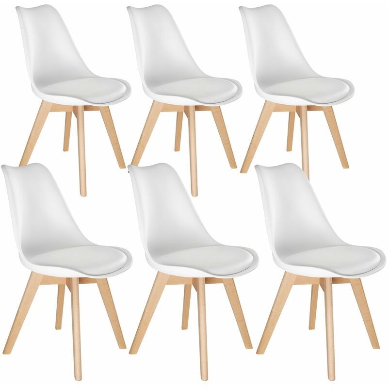 Set of six dining chairs featuring a sleek white upholstered seat and natural wood legs, designed for modern interiors.