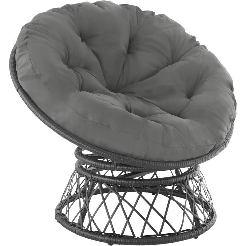 Black rattan chair with a round, plush cushion and a woven base, featuring a unique, open design for comfort and style.