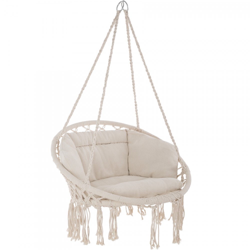 Cream-colored hanging chair with a woven macramé design, featuring plush cushions and decorative fringes, suspended by sturdy ropes.