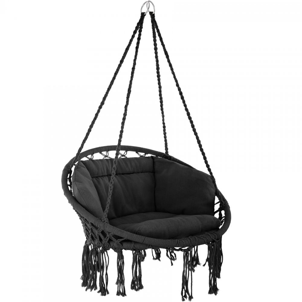 Hanging chair in black with a woven design, featuring a cushioned seat and decorative fringes, suspended by sturdy ropes for indoor or outdoor use.