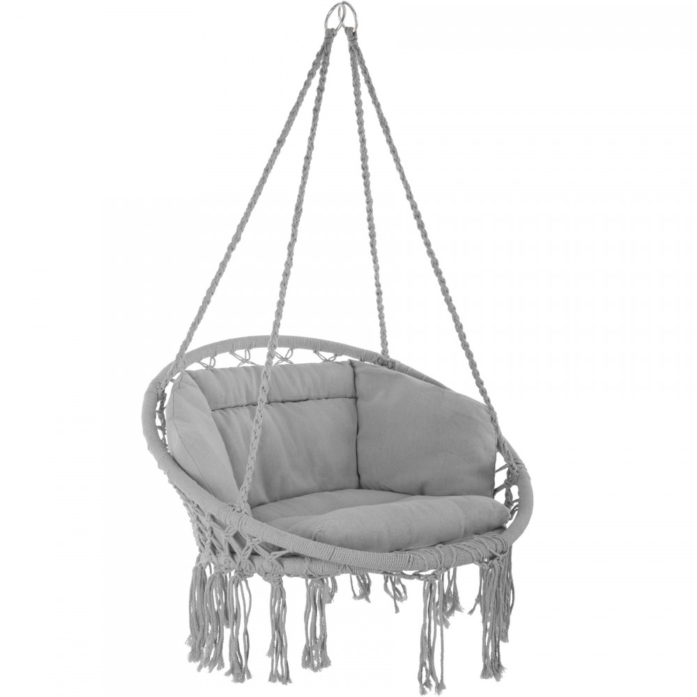 Grey hanging chair with a woven design, featuring soft cushions and decorative fringes, suspended by sturdy ropes for a cozy, stylish seating option.