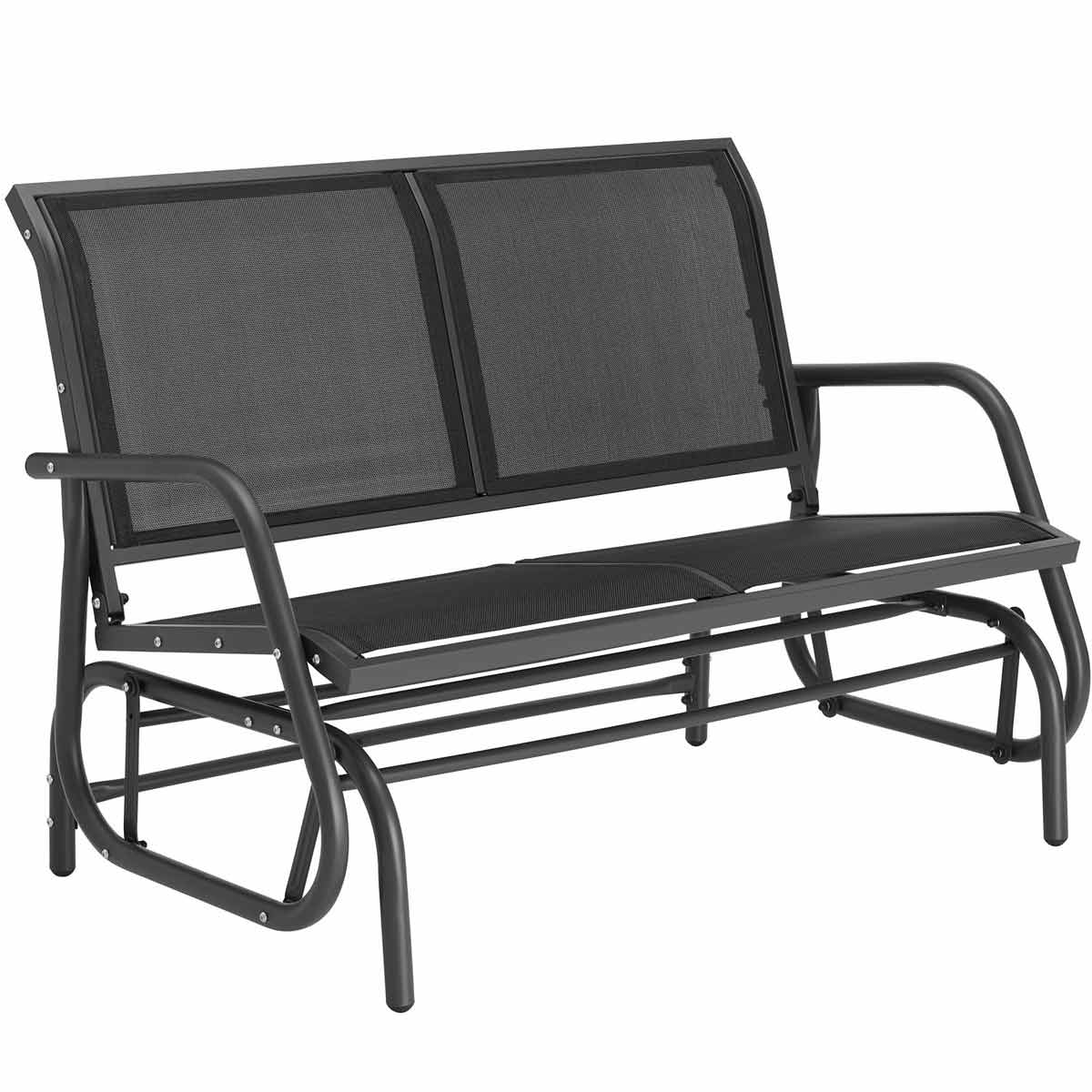Black 2-seater garden swing bench with a sturdy metal frame, featuring a mesh seating area and curved armrests, measuring 121x72x86.5cm.