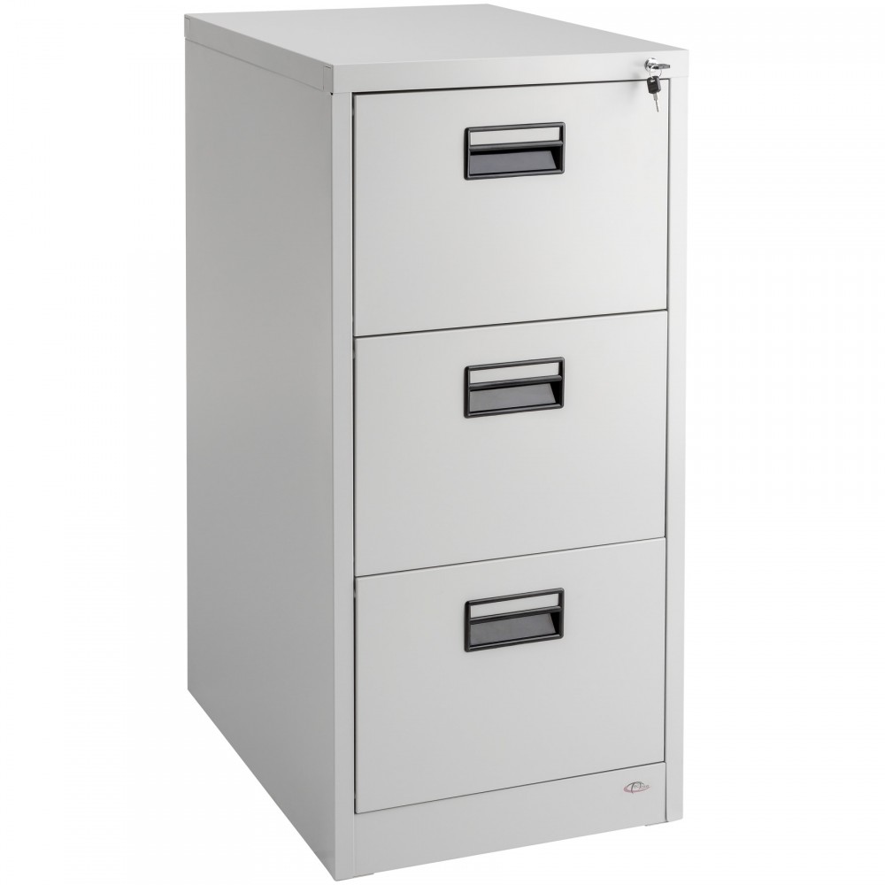 Grey metal filing cabinet with three drawers, each featuring a black handle and label holder, measuring 62.4 x 46 x 102.8 cm, suitable for office or home use.