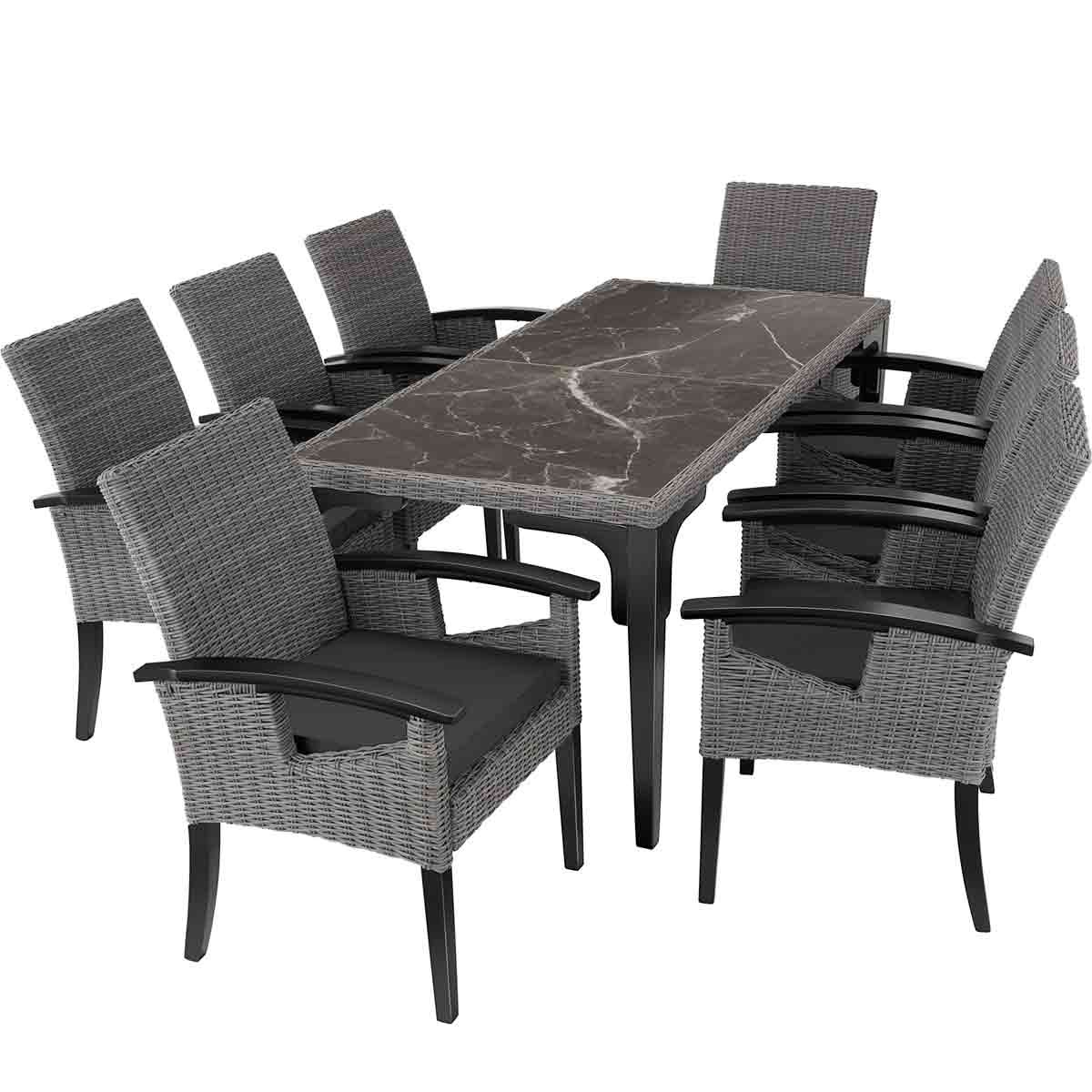 Grey garden dining set featuring a rectangular table with a marble-patterned top and eight matching armchairs with woven seats and padded cushions.