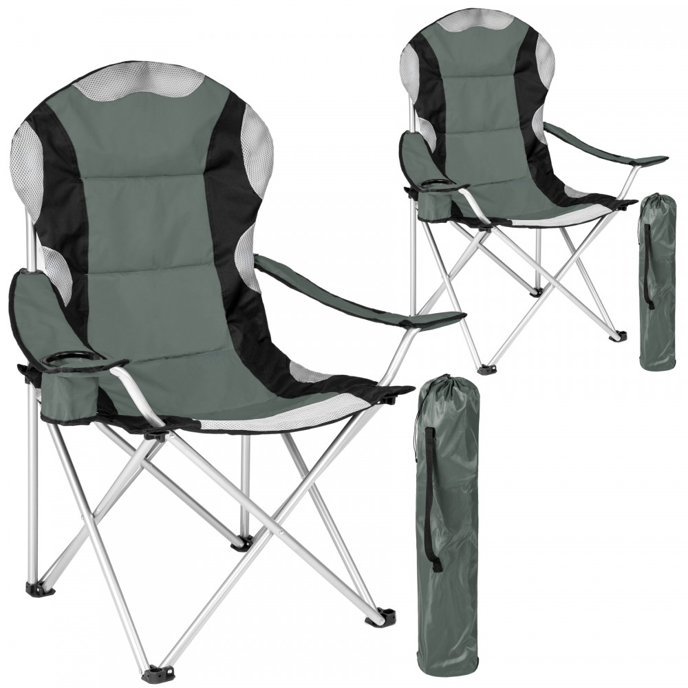 Two grey lightweight folding camping chairs with padded seats, mesh backrests, and black accents, accompanied by a matching packable carrying bag.