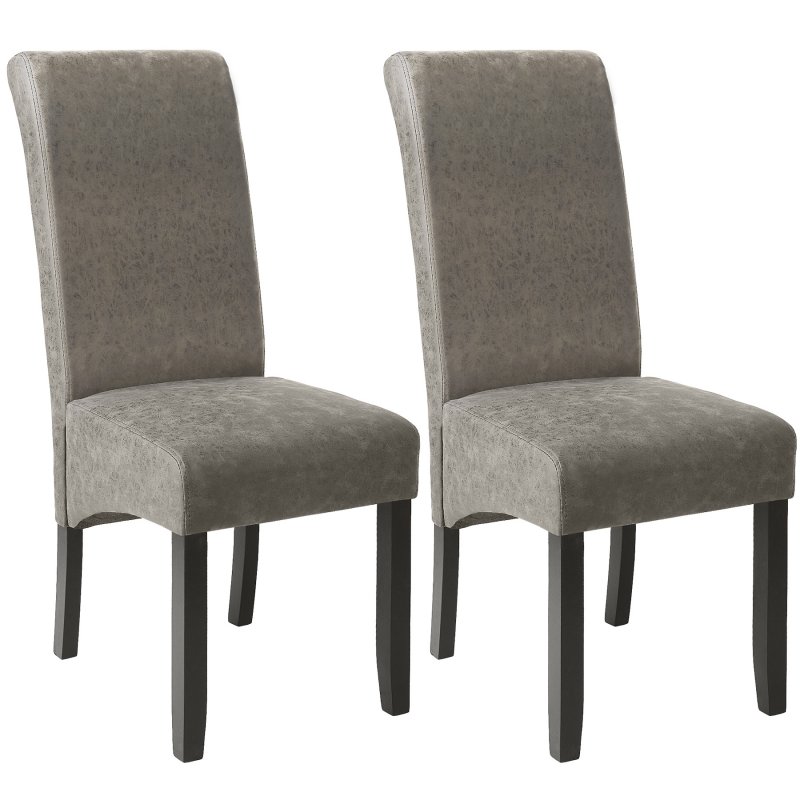 Two elegant dining chairs with ergonomic grey fabric seats and black wooden legs, featuring a tall backrest and soft upholstery for comfort.