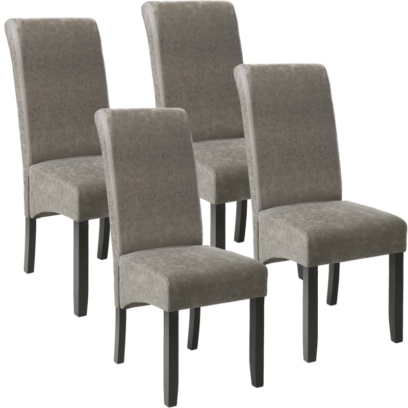 Four elegant dining chairs with ergonomic grey fabric seats and dark wooden legs, featuring a sleek, modern design suitable for various dining settings.