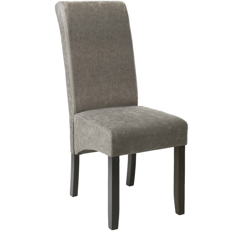 Elegant grey dining chair with an ergonomic seat shape, upholstered in soft fabric, featuring a tall backrest and sturdy black wooden legs.