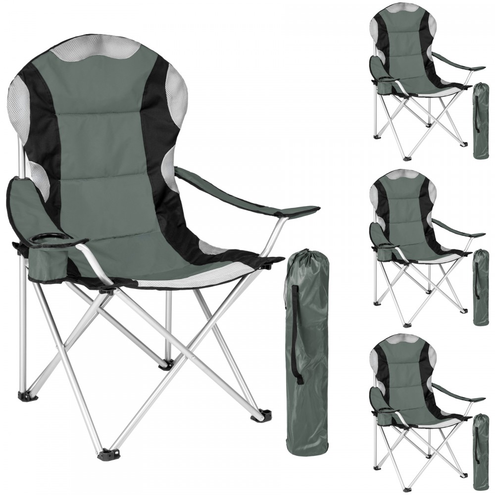 Four padded camping chairs in grey with black accents, featuring a mesh back for breathability, foldable design, and a matching carrying bag for easy transport.