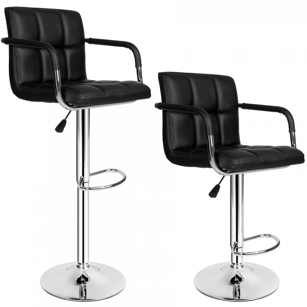 Two black artificial leather bar stools with chrome bases, featuring padded seats, armrests, and adjustable height mechanisms.