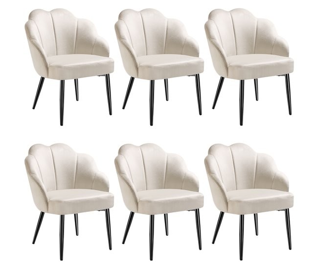Cream velvet accent chairs with padded seats and extra-wide shell-shaped backrests, featuring sleek black legs, arranged in a grid.