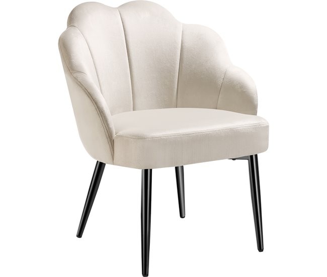 Cream velvet accent chair with a padded shell-shaped backrest and sleek black legs, designed for comfort and style.