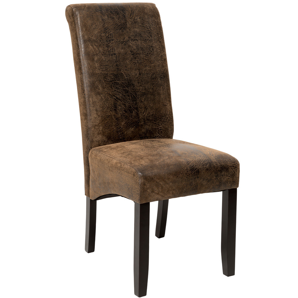 Brown ergonomic dining chair with a high gloss solid hardwood frame and a textured seat, featuring a tall backrest for added comfort.
