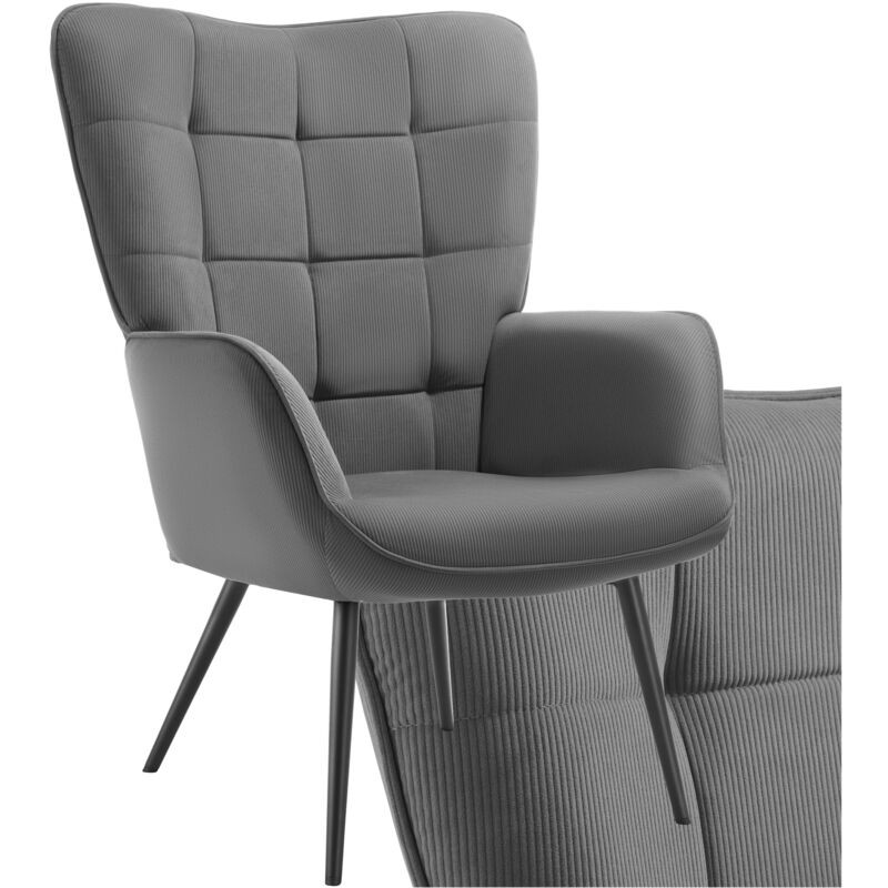 Armchair in fine cord fabric featuring an anthracite and black color scheme, with a tufted backrest and sleek black legs, designed for a cozy, modern aesthetic.