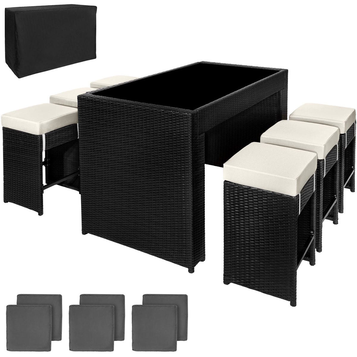 Black rattan bar set featuring a rectangular table with a glass top and four cushioned stools, accompanied by a protective cover.