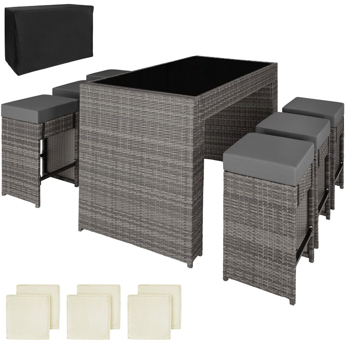 Grey rattan bar set with a rectangular table and six stools, featuring soft grey cushions and a protective black cover.