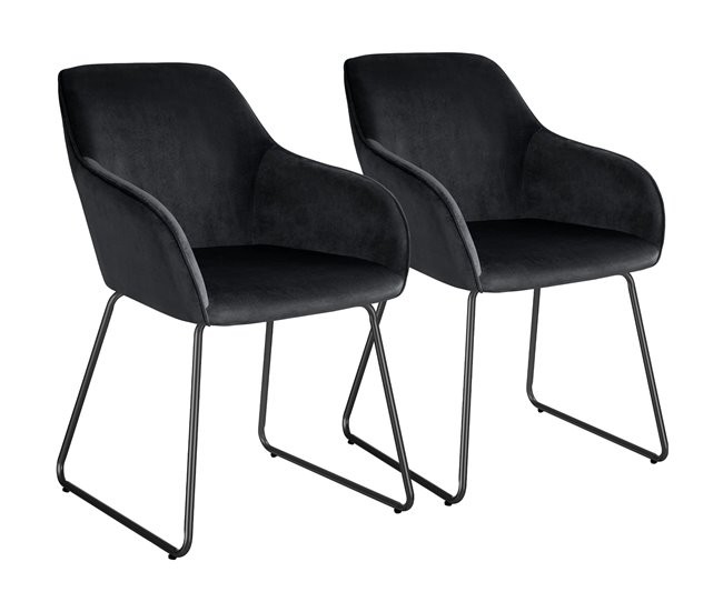 Set of two black dining chairs with a velvet look, featuring a cantilever frame and curved armrests for added comfort.