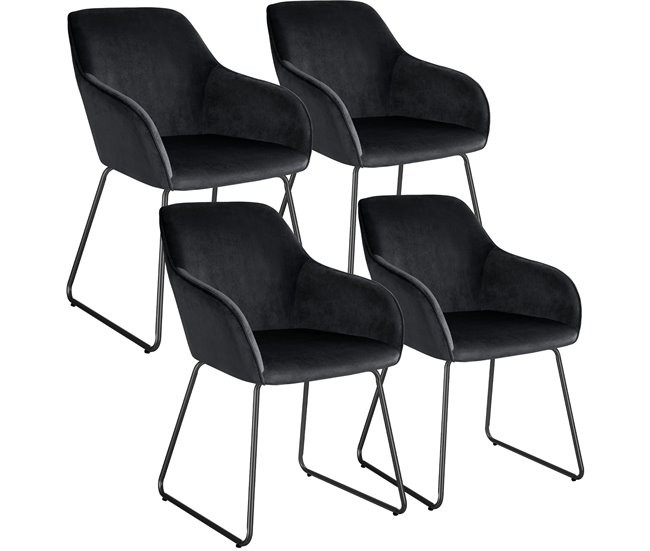 Set of four black dining chairs with a velvet look, featuring a cantilever frame and curved armrests for added comfort.