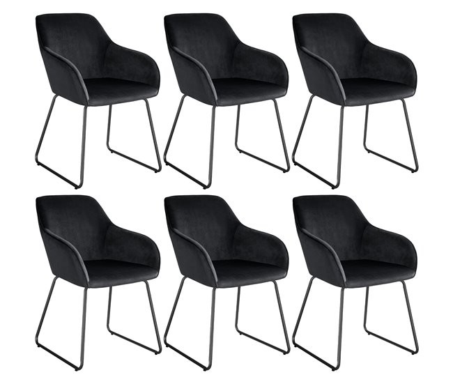 Set of six black dining chairs with a velvet look, featuring a cantilever frame and curved armrests for comfort.