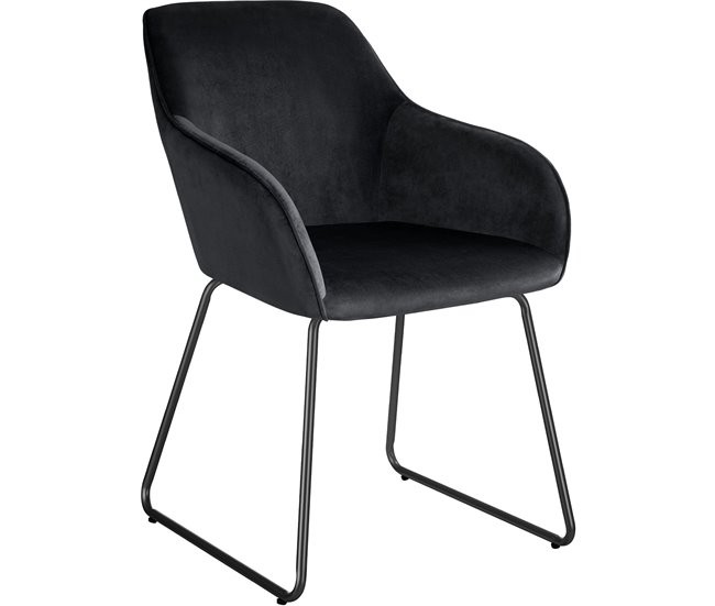 Black velvet dining chair with a cantilever frame, featuring curved armrests and a sleek design, ideal for modern interiors.