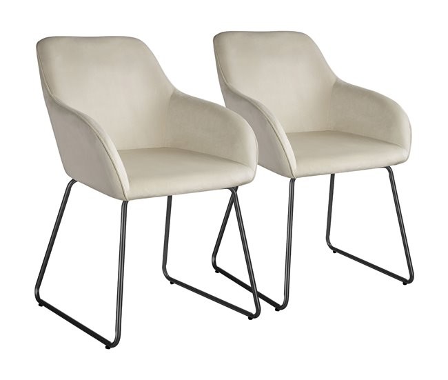 Two elegant dining chairs with cream-colored, soft upholstery and sleek black metal legs, featuring a modern design and comfortable armrests.