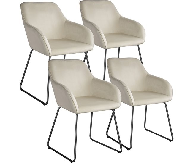 Set of four cream-colored dining chairs with soft upholstery and sleek metal legs, featuring a modern design and comfortable armrests.
