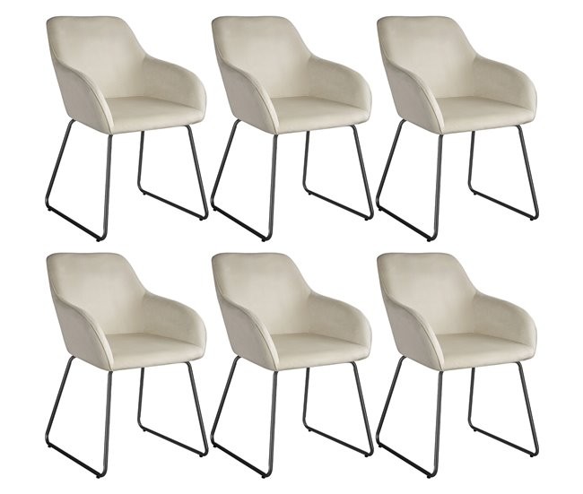 Set of six beige dining chairs with soft upholstery and stylish armrests, featuring a sleek black metal frame for modern elegance.