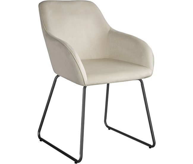 Light beige dining chair with a smooth, upholstered seat and backrest, featuring sleek black metal legs for a modern look.