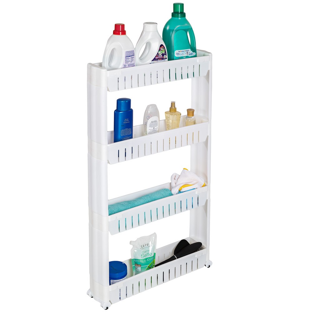 White Tectake alcove shelf with four levels, featuring a slatted design, holding various cleaning and personal care products on each shelf.
