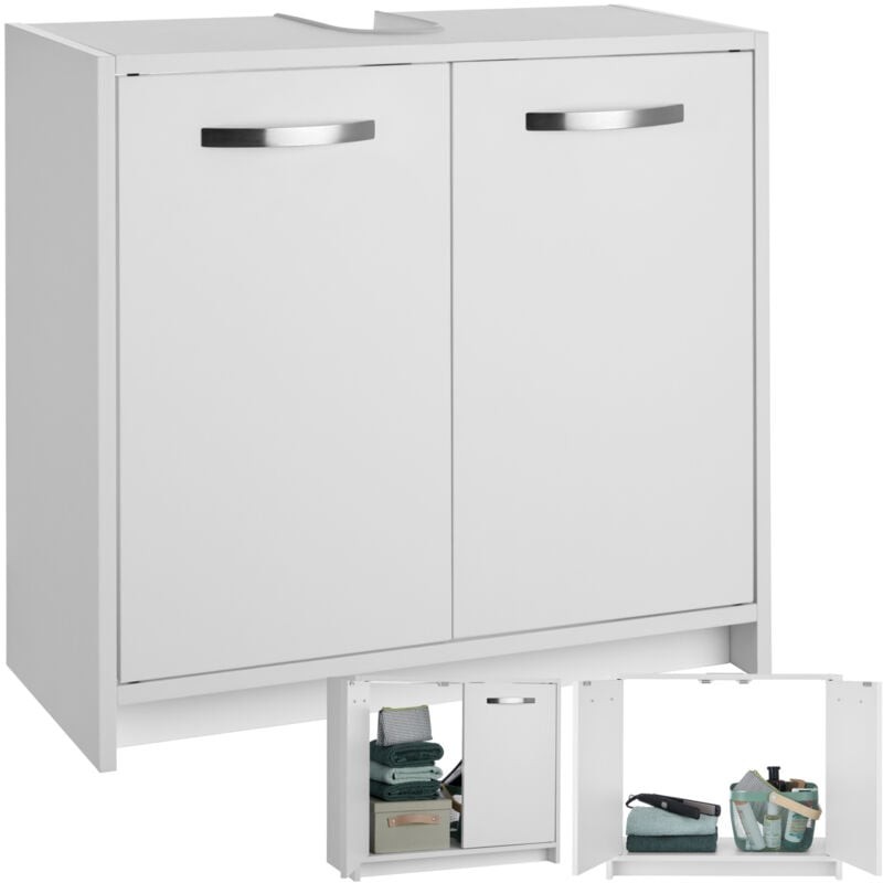 White vanity unit bathroom cabinet with two sleek, silver handle doors, featuring spacious under-sink storage for towels and toiletries, made from durable material.