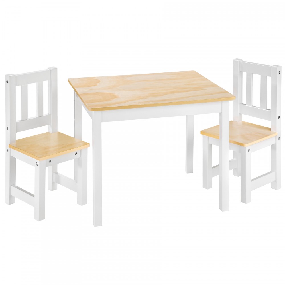 White wooden children's dining table with a natural wood top, accompanied by two matching white chairs featuring slatted backs.