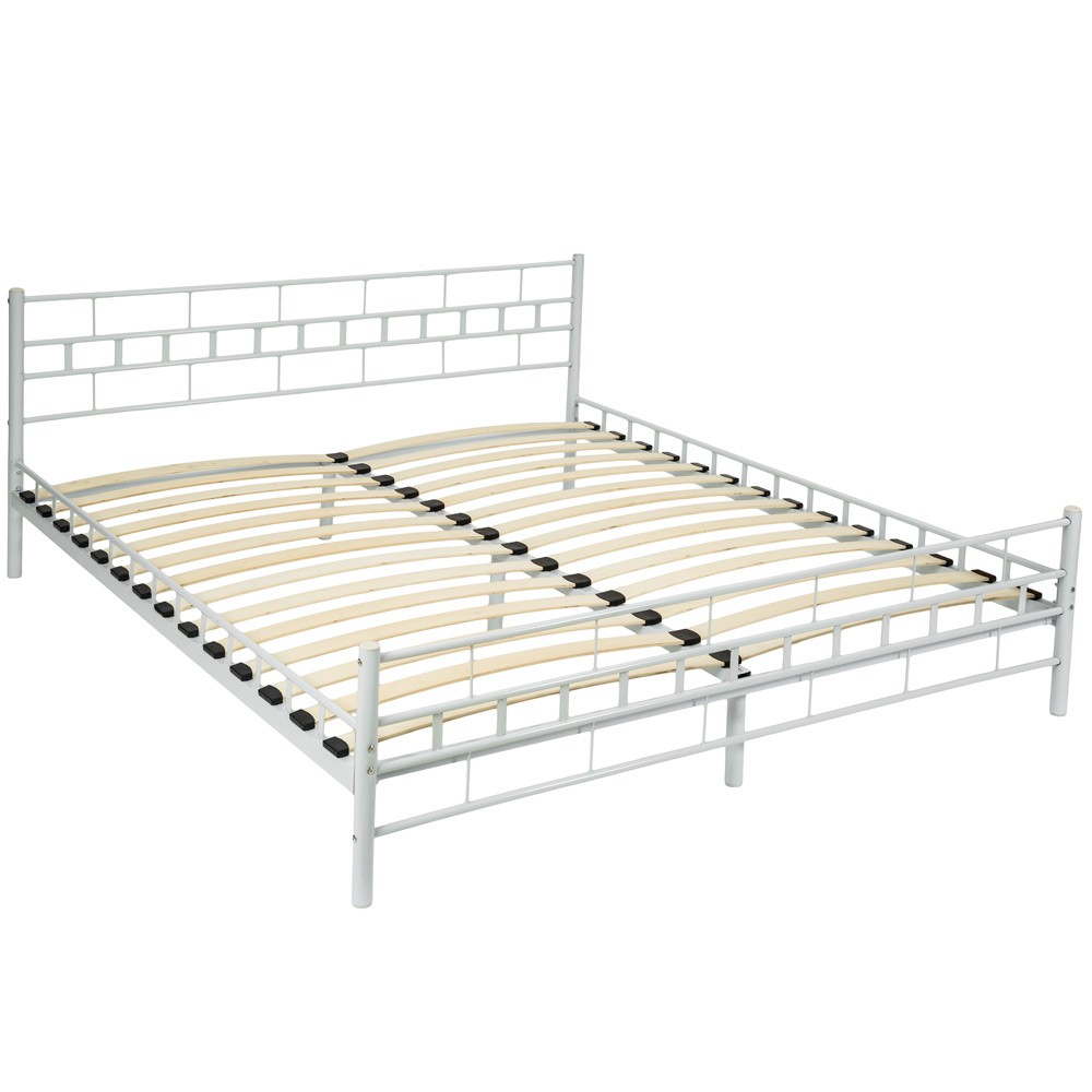 White metal bed frame with a slatted base, measuring 200x180cm, featuring a geometric headboard design and wooden slats for support.