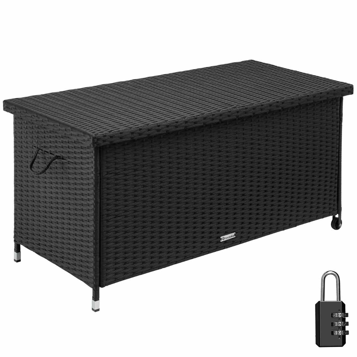 Black outdoor storage box made of woven material, measuring 120x55x61.5cm, with a 270L capacity, featuring handles, a lock, and a sleek design for garden furniture cushions.