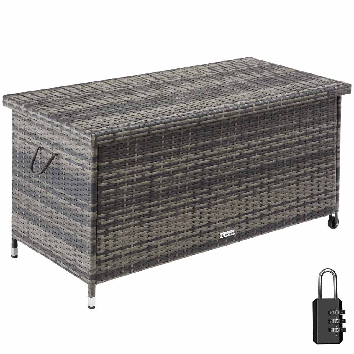 Grey wicker-style garden storage box with a hinged lid, measuring 120x55x61.5cm, featuring a 270L capacity and a padlock for security.