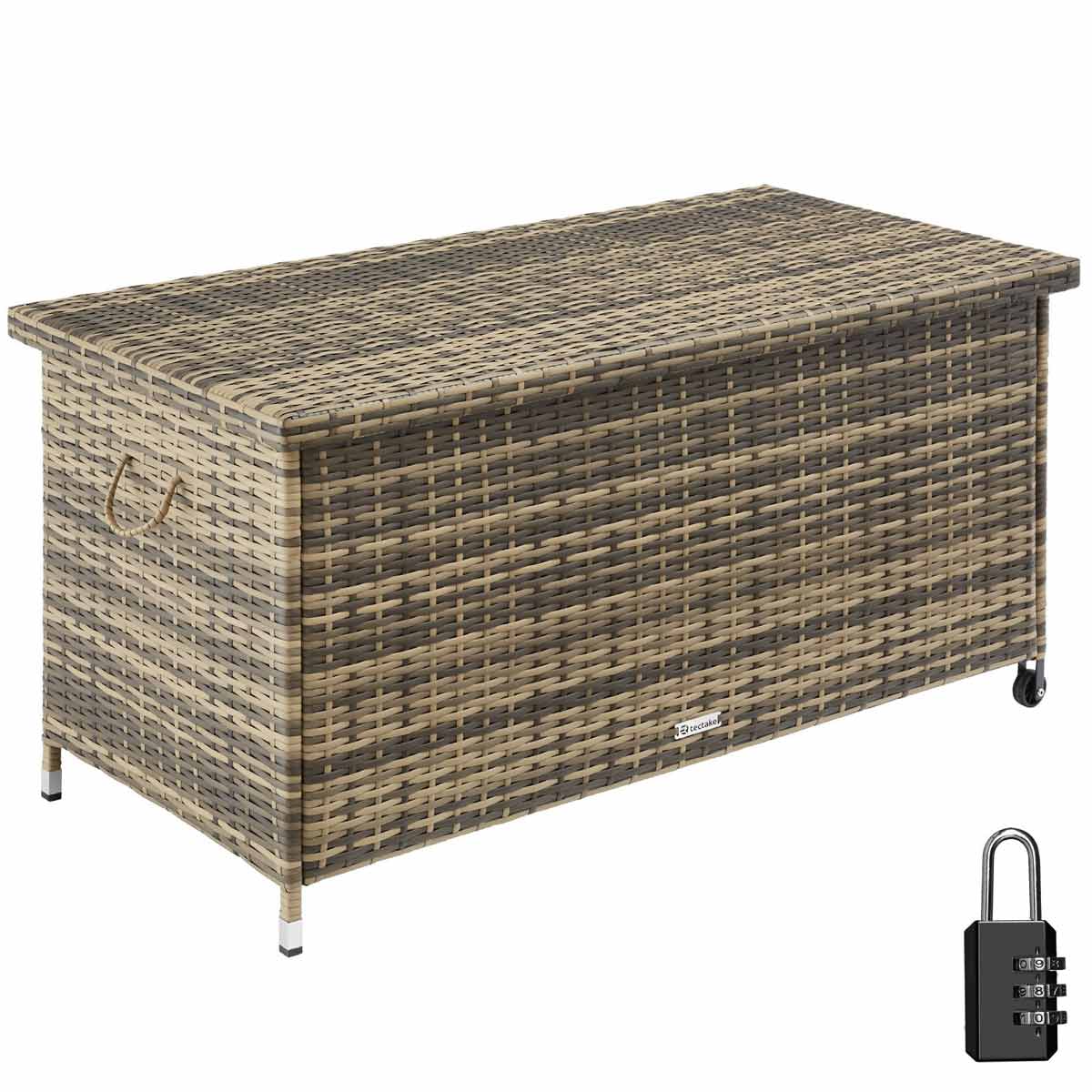 Brown wicker-style garden storage box with a hinged lid, measuring 120x55x61.5cm, featuring handles and a lockable design for outdoor furniture cushion storage.