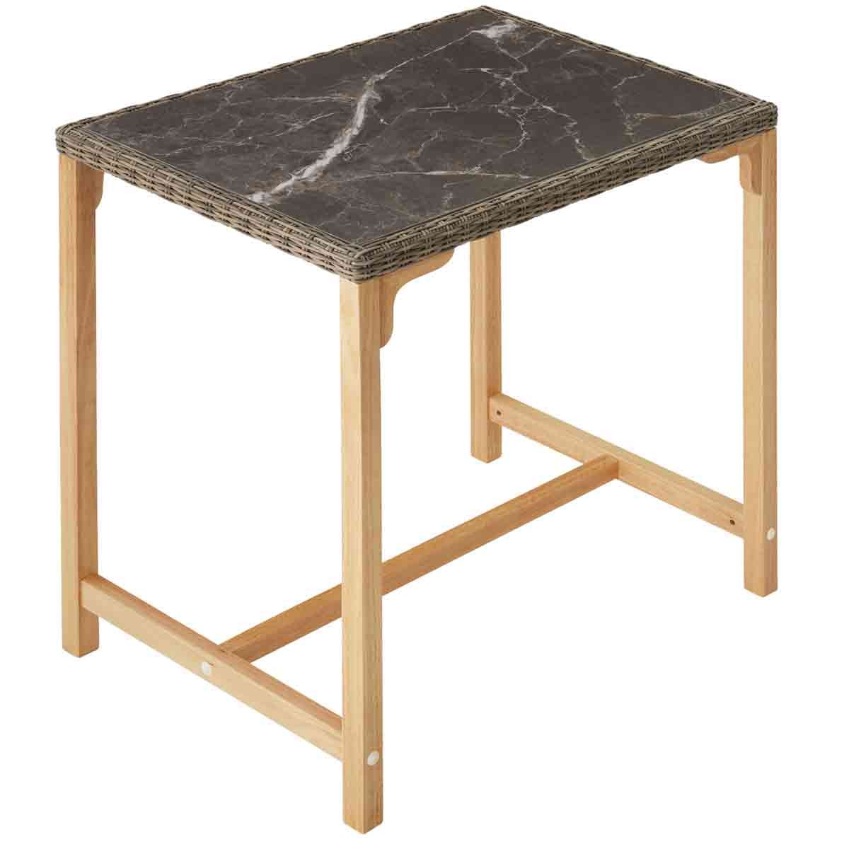 Rectangular dining table featuring a dark marble-patterned top and a natural wood frame, designed for outdoor use with a stylish rattan edge.