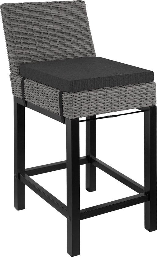 Grey bar stool with an aluminum frame, featuring a woven seat and backrest, a black cushion, and a sturdy black base, designed for weather and UV resistance.