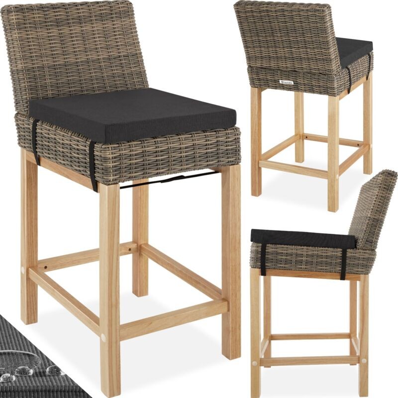 Brown bar stool with an aluminum frame, weather and UV-resistant, featuring a woven seat and backrest, complemented by a black cushion for added comfort.