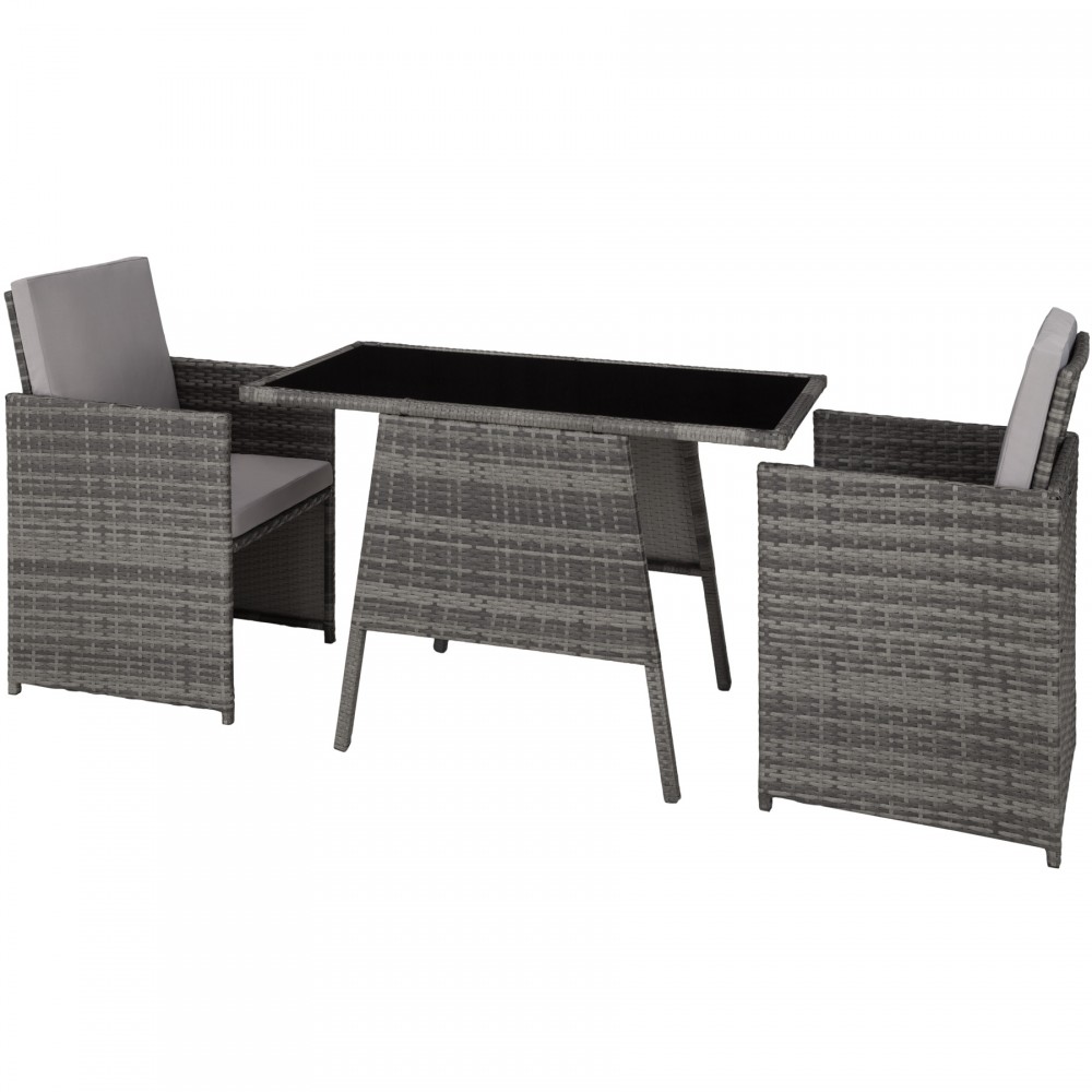 Grey rattan garden bistro set featuring a rectangular table with a glass top and two matching chairs, each with soft grey cushions for comfort.