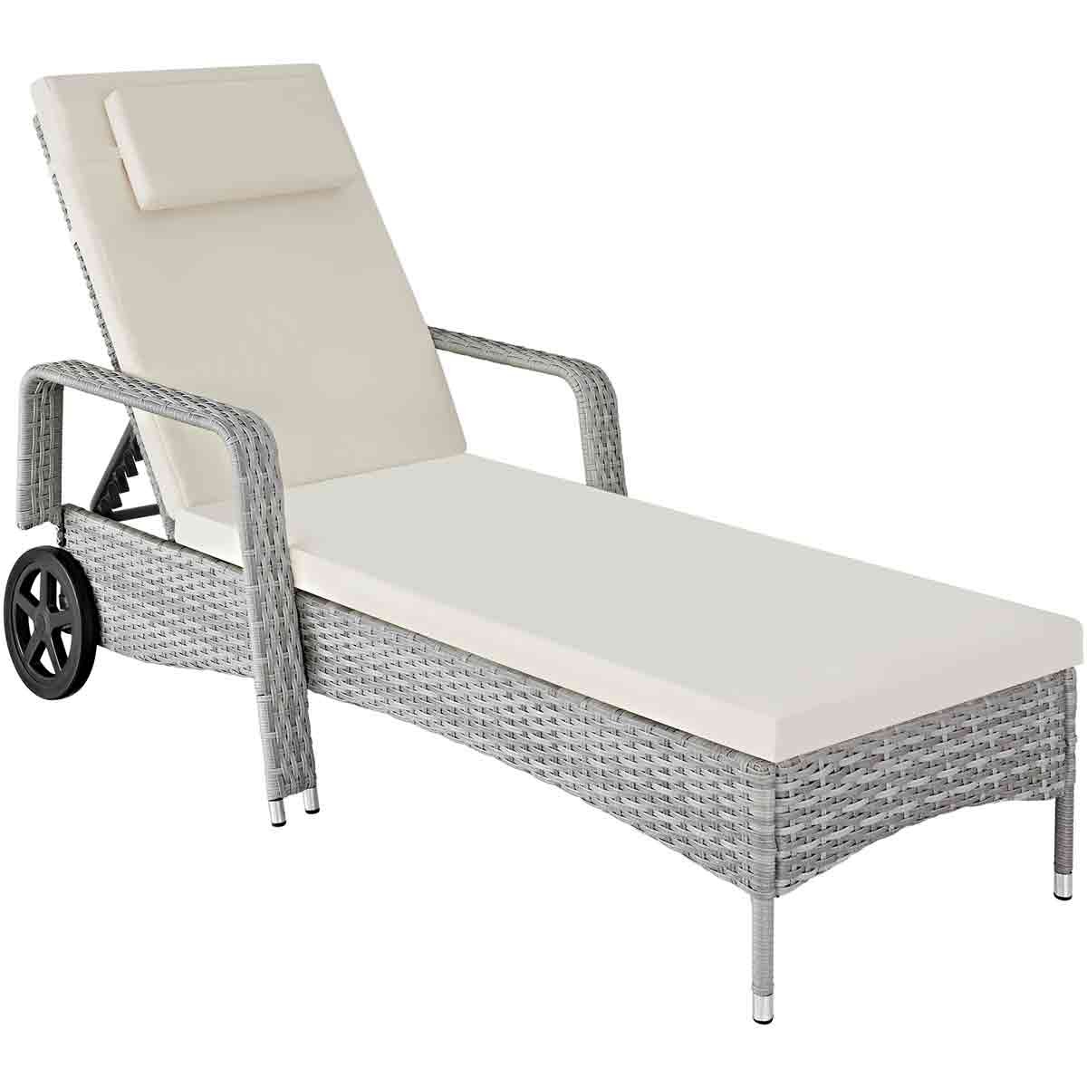 Grey poly-rattan sun lounger with a cushioned cream seat, adjustable backrest, and wheels for easy mobility.