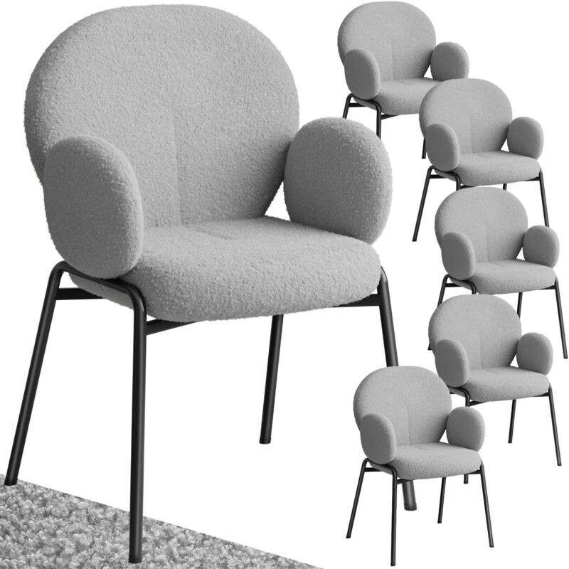 Set of six grey padded dining chairs with boucle fabric cover, featuring rounded backs and armrests, supported by sleek black metal legs.