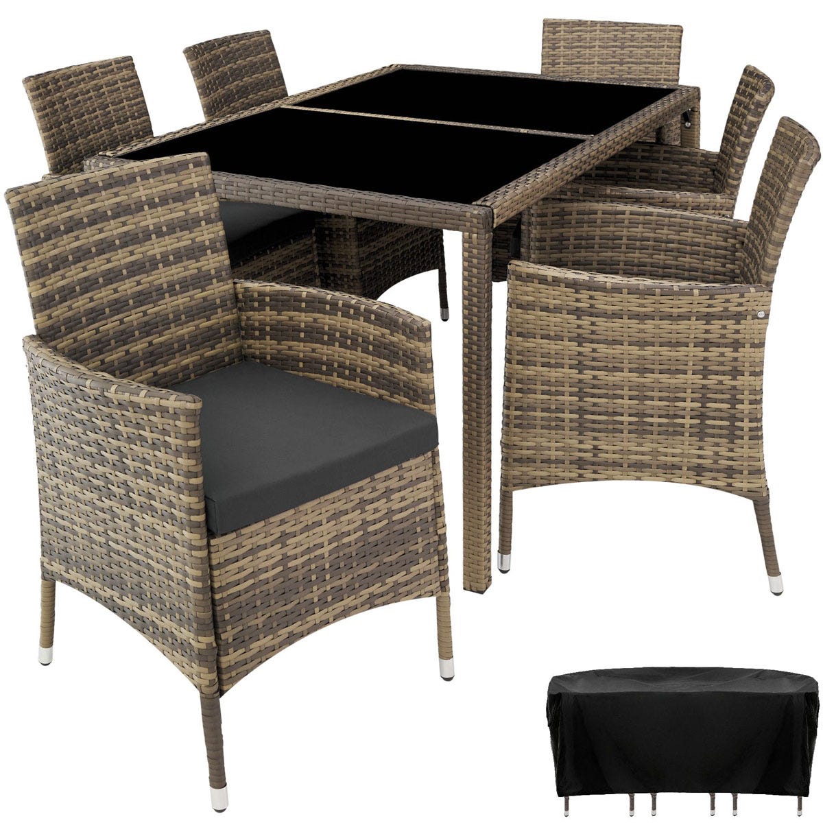Brown and black rattan dining set for six, featuring a rectangular table with a glass top and six cushioned chairs, accompanied by a protective black cover.